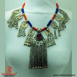 Vintage Dangling Coins and Long Silver Bells Necklace,Blue and Red Beaded